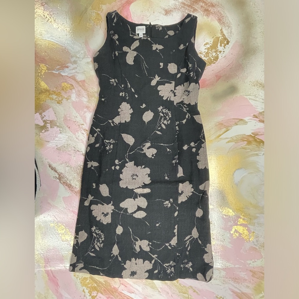 Armani Collezioni Gray Floral Shift Wool Dress 2
